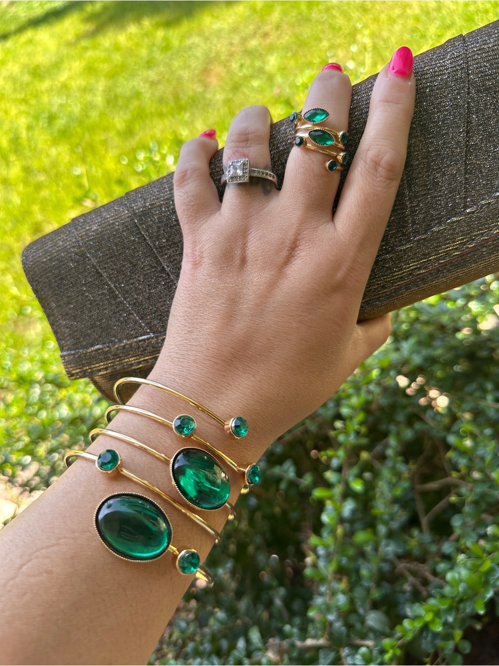 Gold-Tone Cuff Bracelet with Emerald Green Cabochon Stones